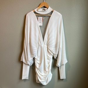 Fashionova tunic scrunch white dress sexy sheerV, buttonup neck,balloon sleeves